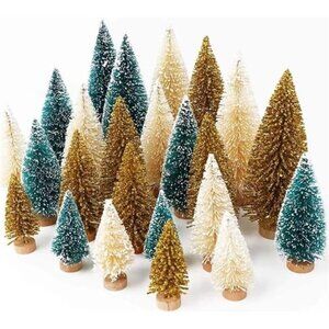 24Pcs Mini Christmas Trees Bottle Brush Trees with Wood Base, Christmas Village